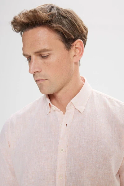 Comfort Fit Qulay Kesimli Paxtali Yopiq Tugmali Yoqali Apelsin Ko'ylak - 4