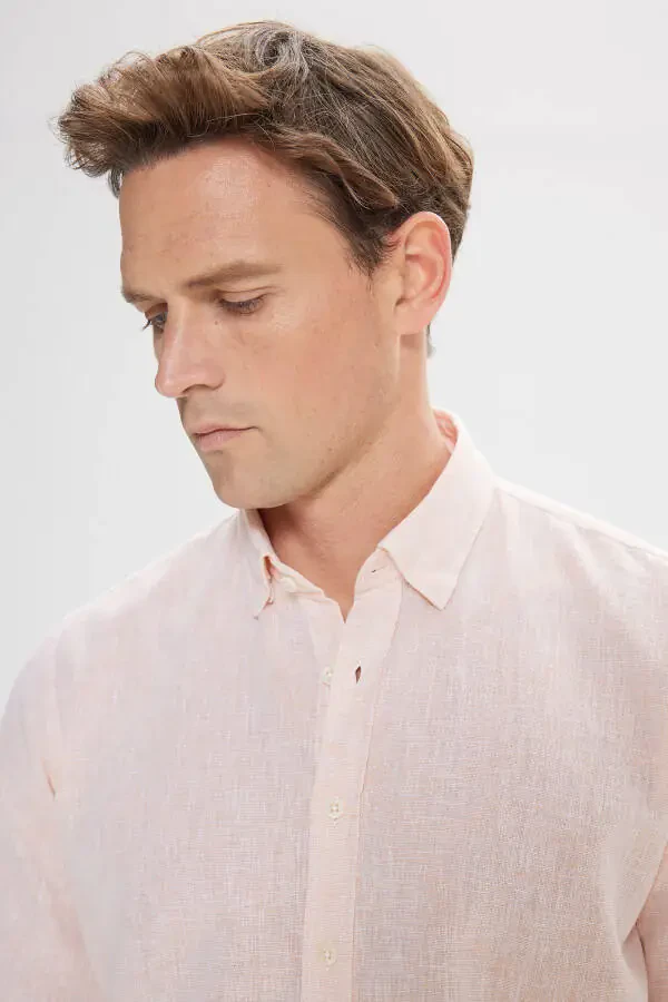 Comfort Fit Qulay Kesimli Paxtali Yopiq Tugmali Yoqali Apelsin Ko'ylak - 4