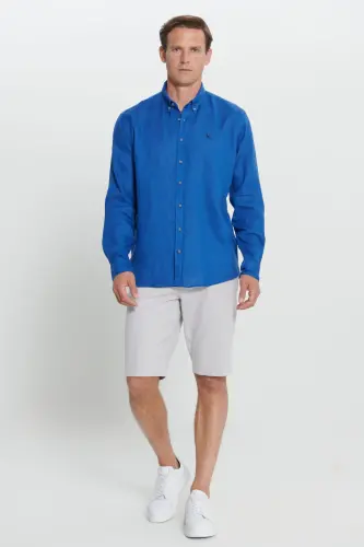 Comfort Fit Rahat Kesim %100 Keten Düğmeli Yaka İndigo Gömlek-İNDİGO - ALTINYILDIZ CLASSICS (1)