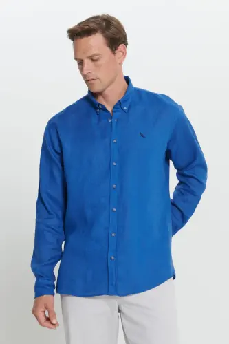 Comfort Fit Rahat Kesim %100 Keten Düğmeli Yaka İndigo Gömlek-İNDİGO - 3