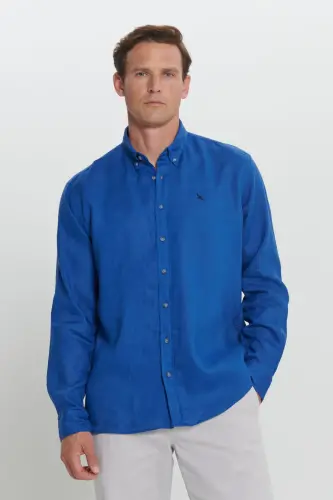 Comfort Fit Rahat Kesim %100 Keten Düğmeli Yaka İndigo Gömlek-İNDİGO - 4