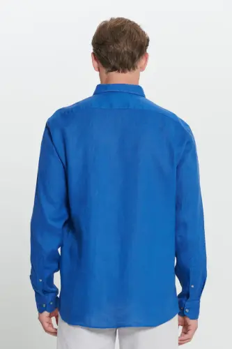 Comfort Fit Rahat Kesim %100 Keten Düğmeli Yaka İndigo Gömlek-İNDİGO - 5