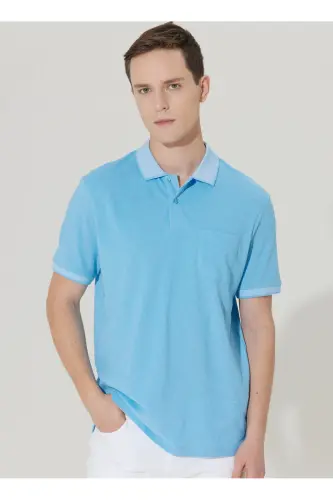 Comfort Fit Rahat Kesim Polo Yaka Tişört-Mavi 