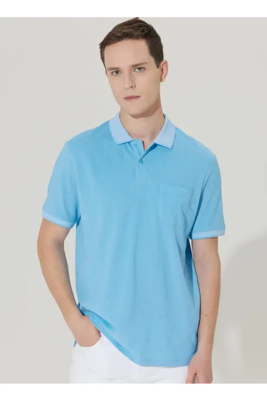 Comfort Fit Rahat Kesim Polo Yaka Tişört - Mavi-Beyaz - 1