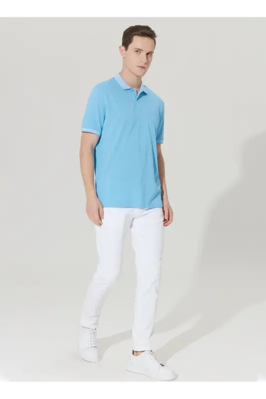 Comfort Fit Rahat Kesim Polo Yaka Tişört - Mavi-Beyaz - 2