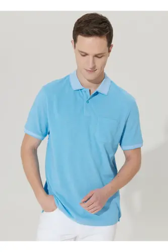Comfort Fit Rahat Kesim Polo Yaka Tişört - Mavi-Beyaz - 3