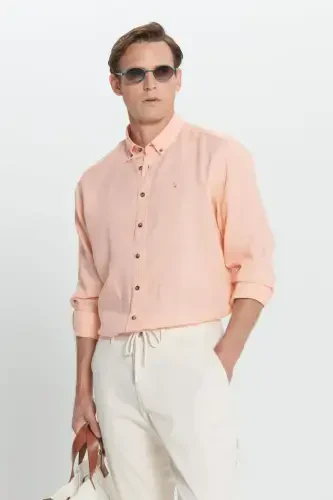 Comfort Fit Relaxed Fit 100% Linen Button-Down Collar Orange Shirt-ORANGE - 1