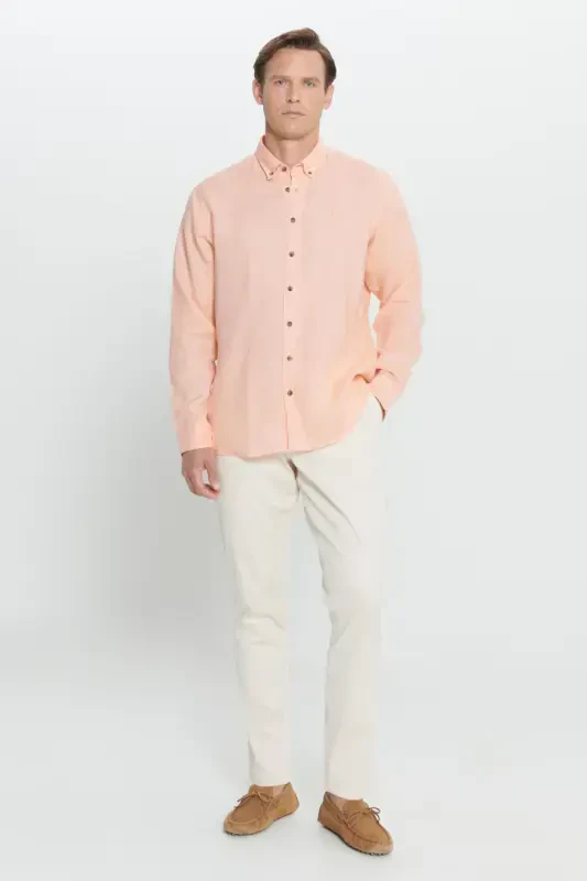 Comfort Fit Relaxed Fit 100% Linen Button-Down Collar Orange Shirt-ORANGE - 2