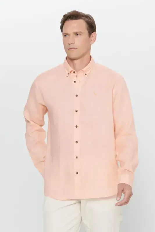 Comfort Fit Relaxed Fit 100% Linen Button-Down Collar Orange Shirt-ORANGE - 3