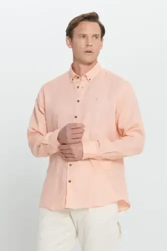 Comfort Fit Relaxed Fit 100% Linen Button-Down Collar Orange Shirt-ORANGE - 4