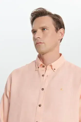 Comfort Fit Relaxed Fit 100% Linen Button-Down Collar Orange Shirt-ORANGE - 5