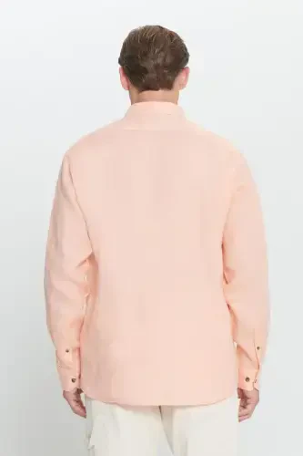 Comfort Fit Relaxed Fit 100% Linen Button-Down Collar Orange Shirt-ORANGE - 6