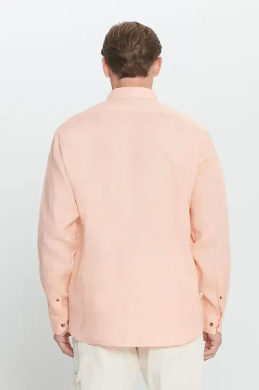Comfort Fit Relaxed Fit 100% Linen Button-Down Collar Orange Shirt-ORANGE - 6
