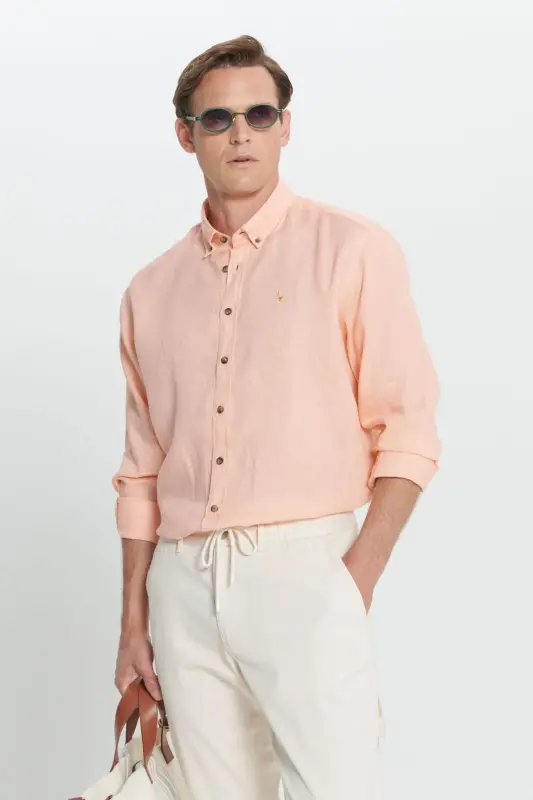 Comfort Fit Relaxed Fit 100% Linen Button-Down Collar Orange Shirt-ORANGE - 1