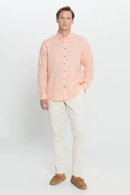 Comfort Fit Relaxed Fit 100% Linen Button-Down Collar Orange Shirt-ORANGE - 2