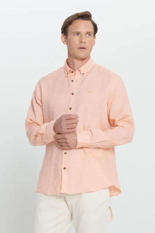 Comfort Fit Relaxed Fit 100% Linen Button-Down Collar Orange Shirt-ORANGE - 4