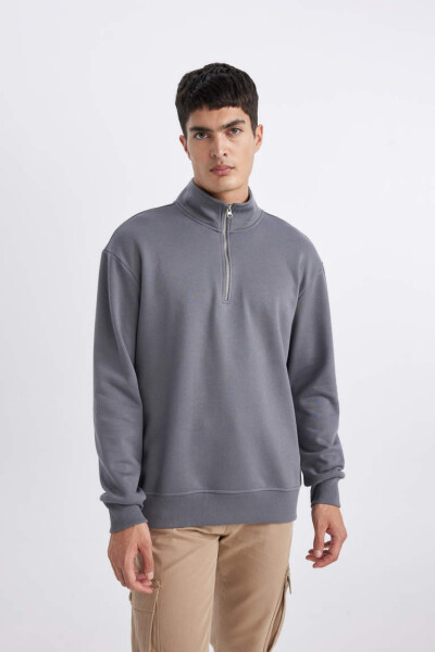 Comfort Fit Zip-Up Stand Collar Sweatshirt Dark Grey - 1