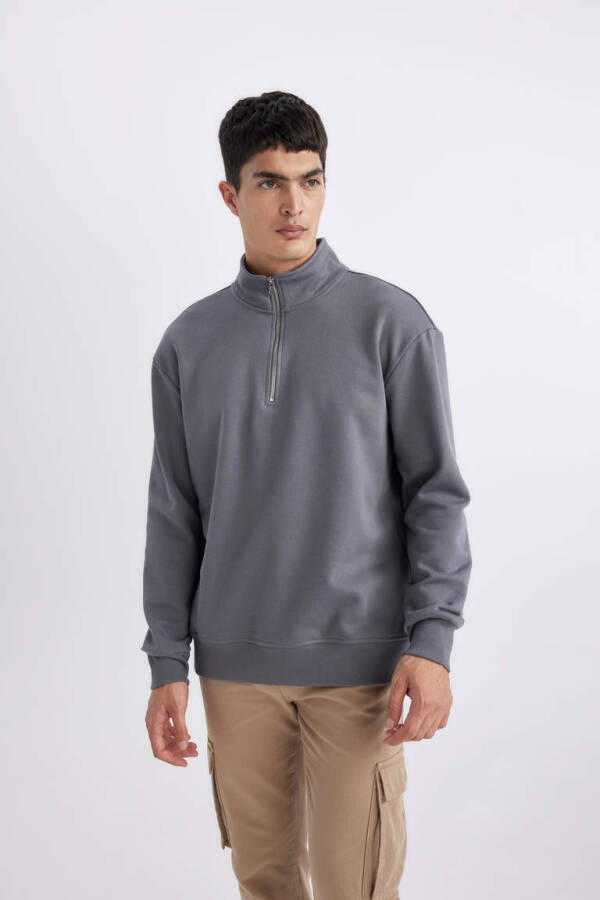 Comfort Fit Zip-Up Stand Collar Sweatshirt Dark Grey - 3