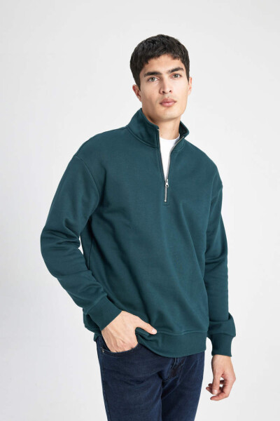 Comfort Fit Zippered Stand Collar Sweatshirt Dark Green - 1