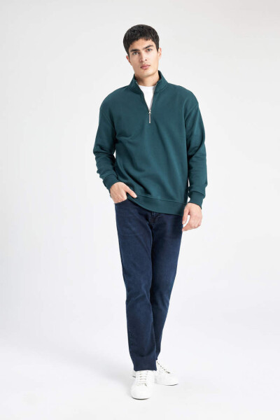 Comfort Fit Zippered Stand Collar Sweatshirt Dark Green - 2