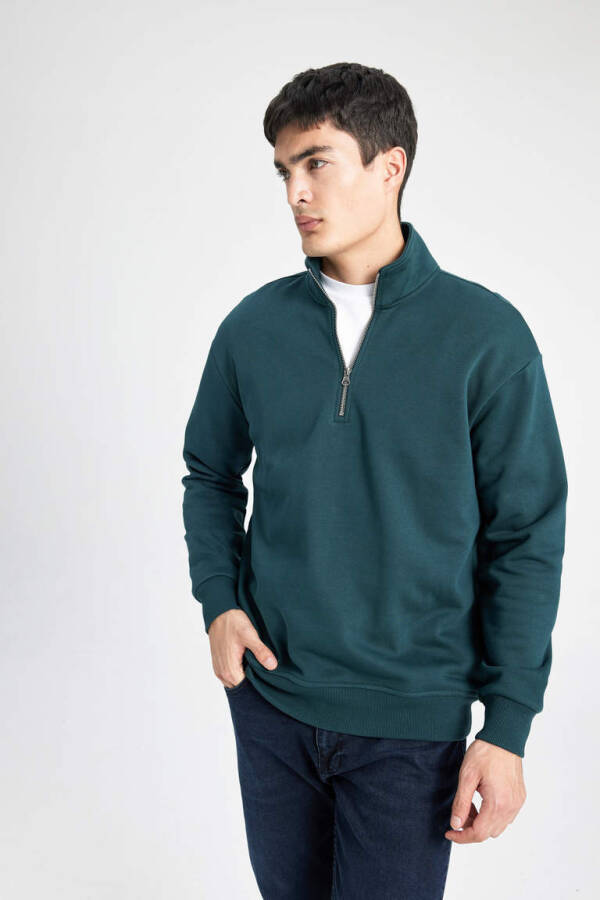 Comfort Fit Zippered Stand Collar Sweatshirt Dark Green - 3