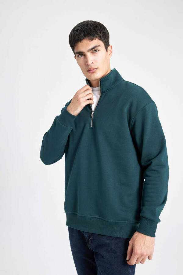 Comfort Fit Zippered Stand Collar Sweatshirt Dark Green - 10