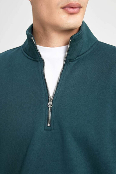 Comfort Fit Zippered Stand Collar Sweatshirt Dark Green - 11