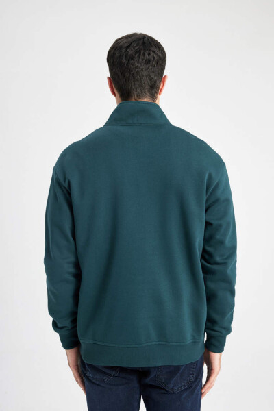 Comfort Fit Zippered Stand Collar Sweatshirt Dark Green - 12