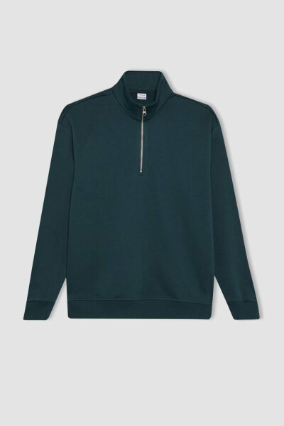 Comfort Fit Zippered Stand Collar Sweatshirt Dark Green - 13