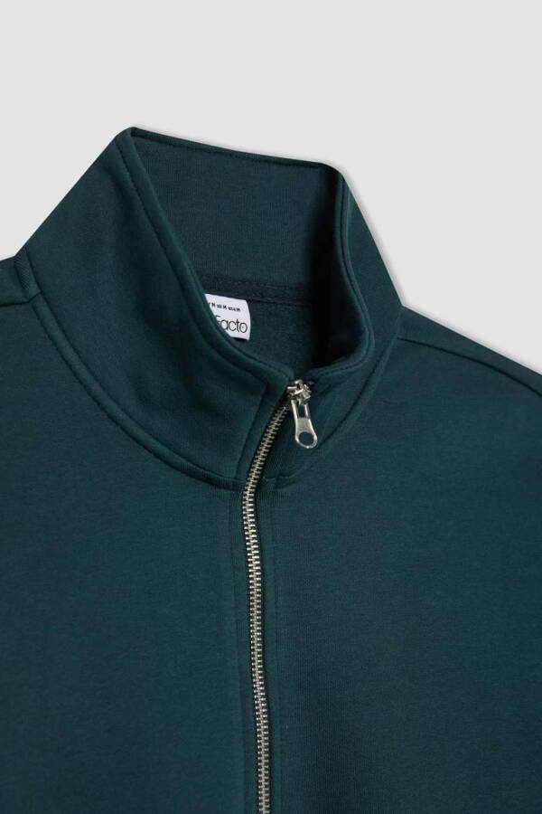 Comfort Fit Zippered Stand Collar Sweatshirt Dark Green - 14