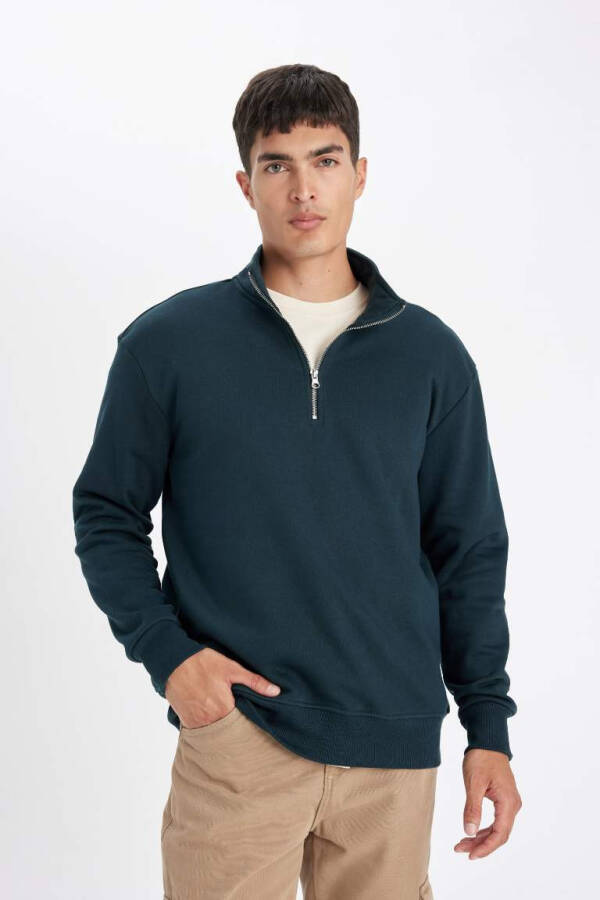 Comfort Fit Zippered Stand Collar Sweatshirt Dark Green - 4