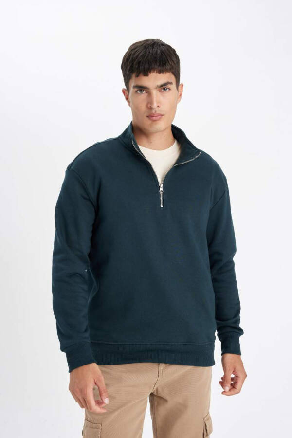 Comfort Fit Zippered Stand Collar Sweatshirt Dark Green - 6