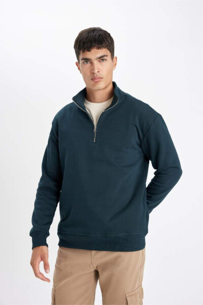 Comfort Fit Zippered Stand Collar Sweatshirt Dark Green - 7