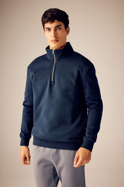 Comfort Fit Zippered Stand Collar Sweatshirt Navy - 7