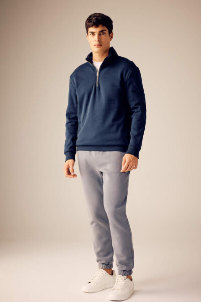 Comfort Fit Zippered Stand Collar Sweatshirt Navy - 8