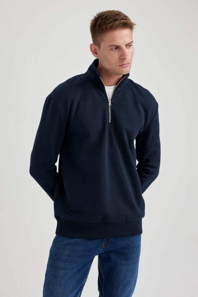 Comfort Fit Zippered Stand Collar Sweatshirt Navy - 12