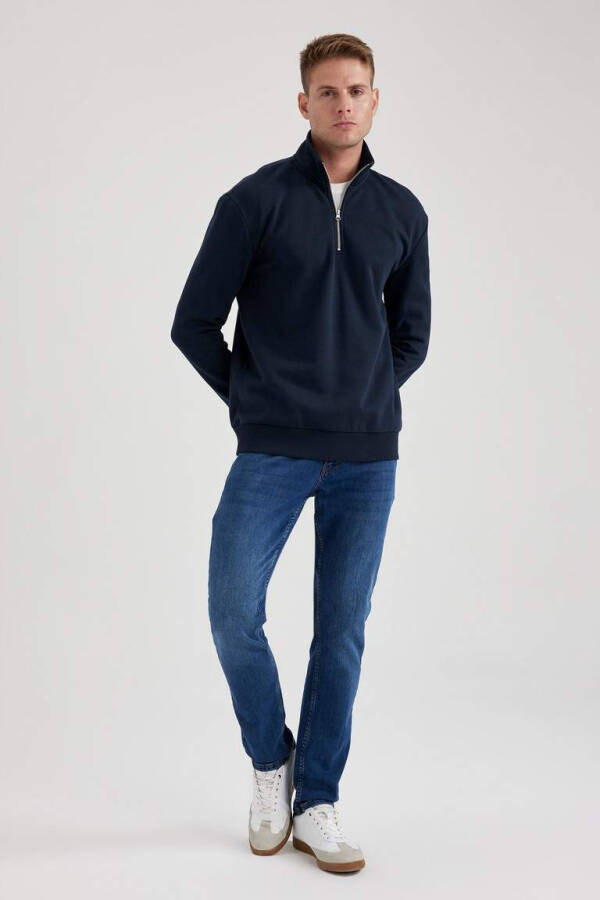 Comfort Fit Zippered Stand Collar Sweatshirt Navy - 13