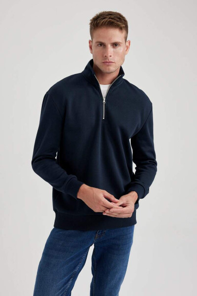 Comfort Fit Zippered Stand Collar Sweatshirt Navy - 14