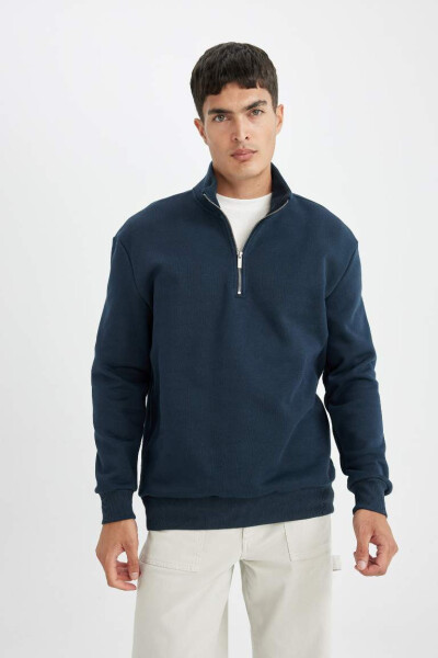 Comfort Fit Zippered Stand Collar Sweatshirt Navy - 1