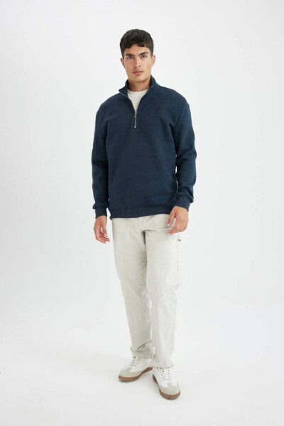 Comfort Fit Zippered Stand Collar Sweatshirt Navy - 2