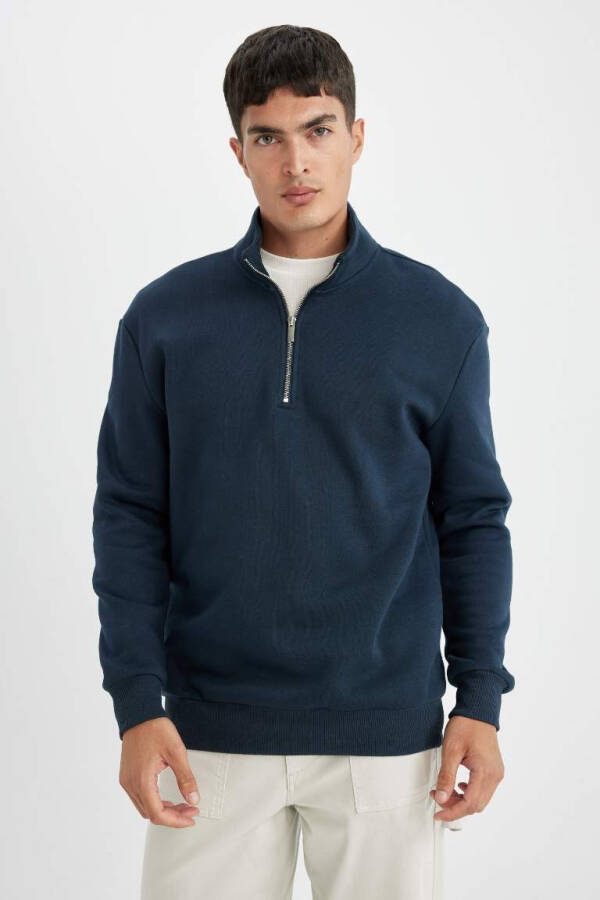 Comfort Fit Zippered Stand Collar Sweatshirt Navy - 3