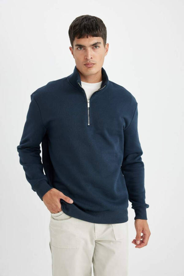 Comfort Fit Zippered Stand Collar Sweatshirt Navy - 4