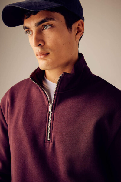 Comfort Fit Zippered Stand Up Collar Sweatshirt Dark Burgundy - 9