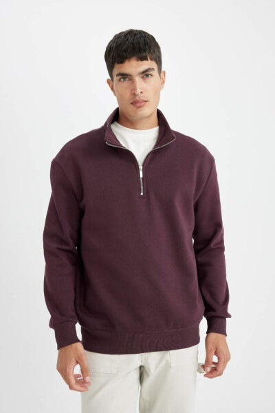 Comfort Fit Zippered Stand Up Collar Sweatshirt Dark Burgundy - 1