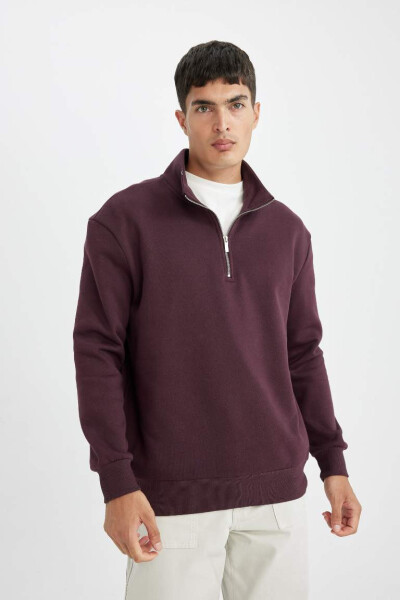 Comfort Fit Zippered Stand Up Collar Sweatshirt Dark Burgundy - 3