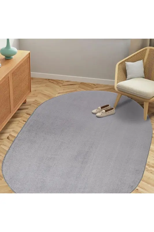 Comfort Oval Overlokli Peluş Gilam Kulrang-Kulrang Overlokli Oval - 3