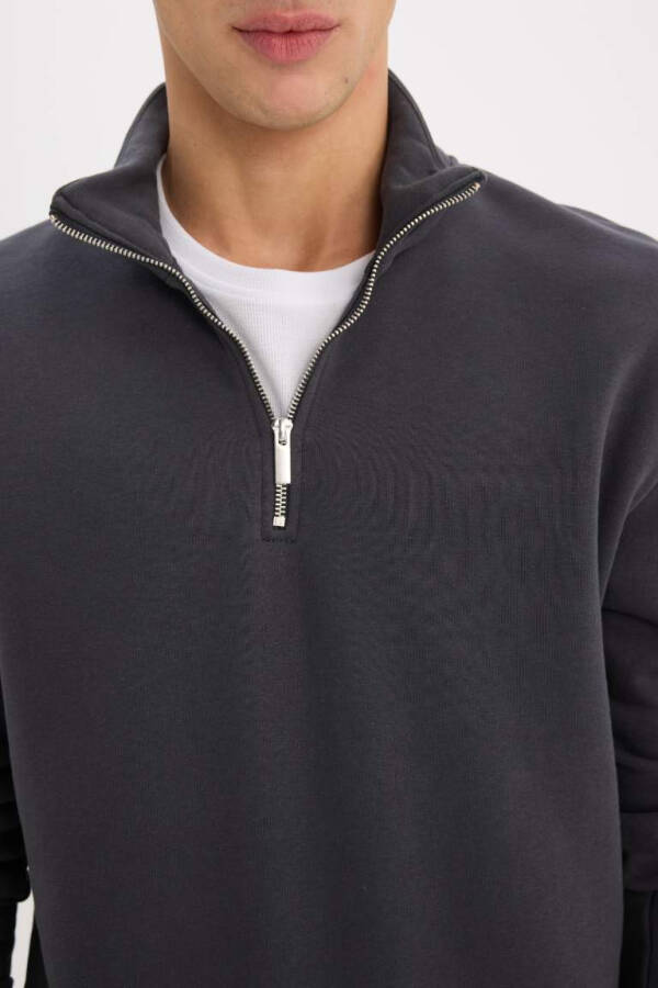 Comfort Rahat Kalıp Fermuarlı Dik Yaka Basic Sweatshirt Antrasit - 5