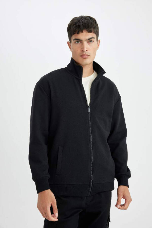 Comfort Regular Fit Rahat Kesim Dik Yaka Cepli Basic Düz Fermuarlı Sweatshirt Siyah - 2