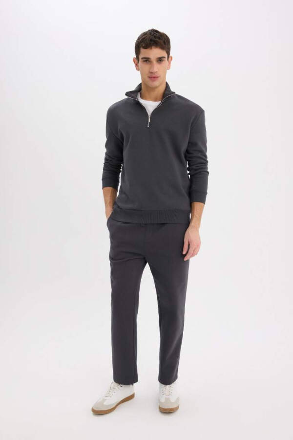 Comfort Regular Fit Zip Neck Basic Sweatshirt Charcoal - 2