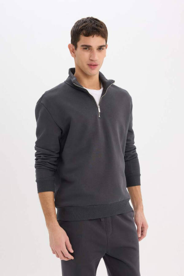 Comfort Regular Fit Zip Neck Basic Sweatshirt Charcoal - 3